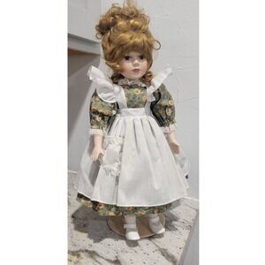 Vintage Porcelain Doll Victorian Style Green Floral Dress Apron Detailed Artwork